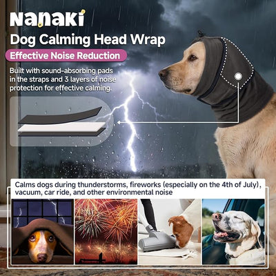 Nanaki Soft Calming Hoodie Quiet for Fireworks,4th of July, Dog Ear Wrap Hematoma Head Cover Anti Flapping, Snoods for Dogs for Eating & Drinking, Adjustable Dog Ear Protection for Bath Blow,Grey,XL