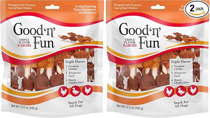 Good N Fun Triple Flavor Kabobs Chews for All Dogs, Treat Your Dog to Chews Made from Beef Hide, Real Chicken, Pork Hide, Duck and Chicken Liver, 18 Count (Pack of 2)