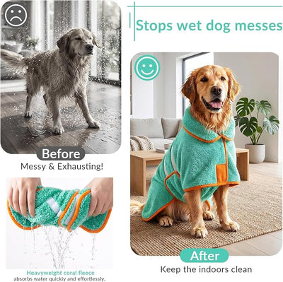 Bienbee Dog Bathrobe, Quick Drying Super Absorbent Pet Robes for Small Medium Large Dogs, Drying Coat for After Bath & Swim, Warm & Cozy Dogs Towels, Dog Puppy Bath Supplies, Lake Green M