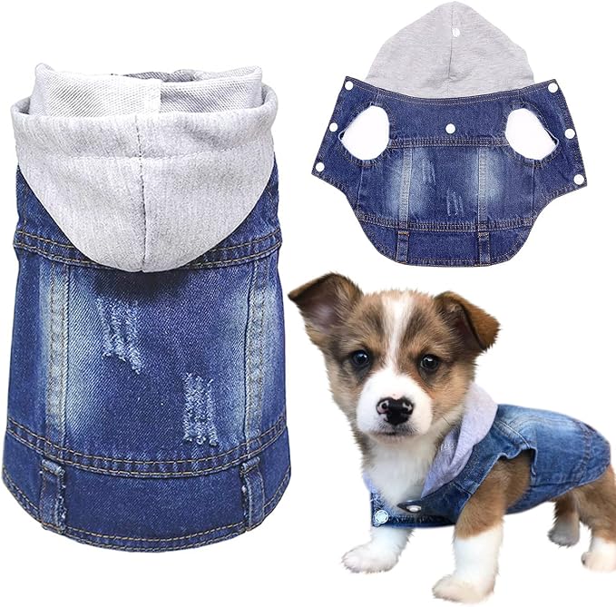 SILD Pet Clothes Dog Jeans Jacket Cool Blue Denim Coat Small Medium Dogs Lapel Vests Classic Hoodies Puppy Blue Vintage Washed Clothes (Grey,S)