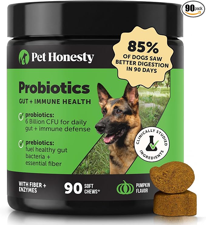 6 Billion CFU Dog Probiotics with Prebiotics, Digestive Enzymes, & Fiber - Relief for Occasional Diarrhea, Gas, Bloating & Itchy Skin - Daily Gut Health & Immune Support for All Dogs (Pumpkin, 90 ct)