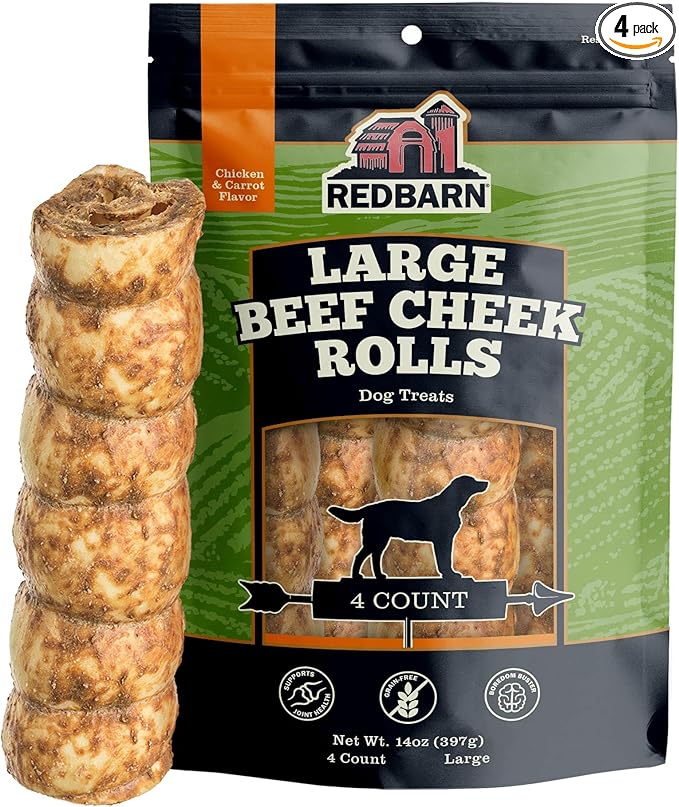 Redbarn Pet Products All-Natural Large Beef Cheek Rolls for Dogs, Chicken & Carrot Glazed - Single Ingredient Grain-Free Chew Treat Naturally Rich in Collagen - Packaging May Vary, Pack of 4