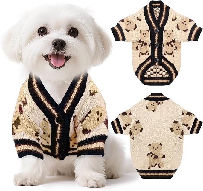 Small Dog Sweaters Cute Bear Knitted Dog Cardigans Clothes for Small Medium Dogs Soft Pet Puppy Cat Knitting Outfits Fall Winter Warm Boy Girl Dogs Knitwear Coat Apparel(Beige, Medium)
