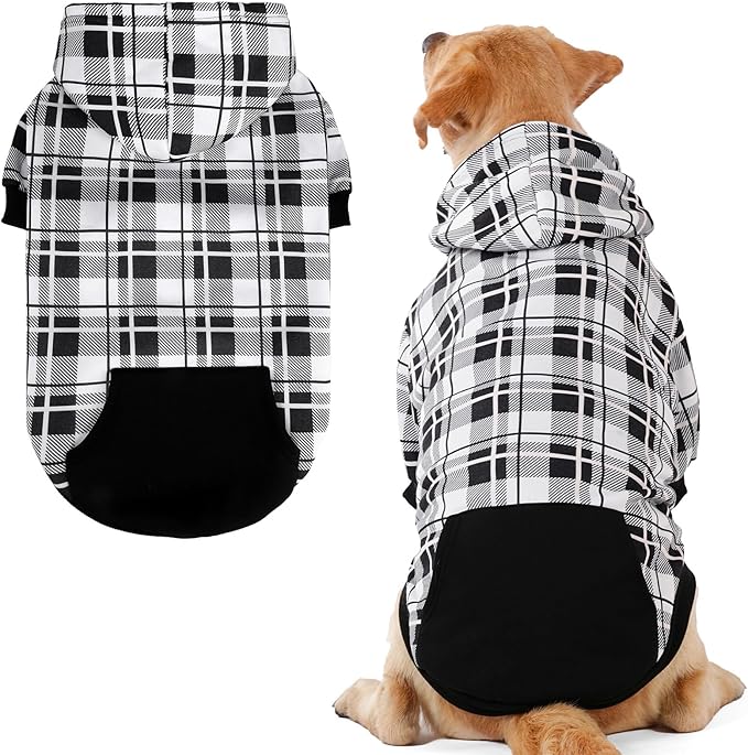 EXPAWLORER Plaid Dog Hoodie - British Style Warm Dog Sweater Shirt with Leash Hole,Pitbull Clothes Outfits,Winter Coat Apparel for All Breeds Puppy Girl Boy-Cat Apparel,Black & White Large
