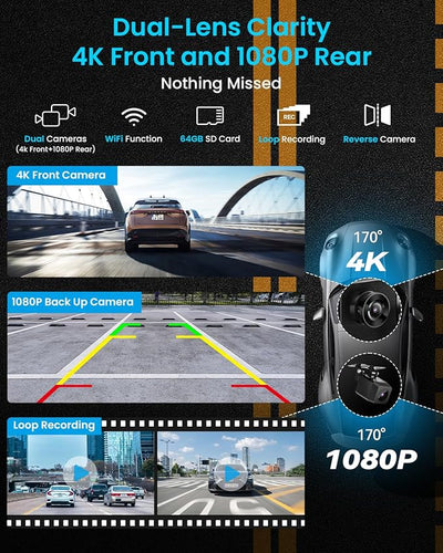 IK5 9" Wireless Apple CarPlay & Android Auto Screen, Portable Car Stereo with 4K Dash Cam & 1080p Backup Camera, Add CarPlay to Any Vehicle, Touchscreen, Mirror Link