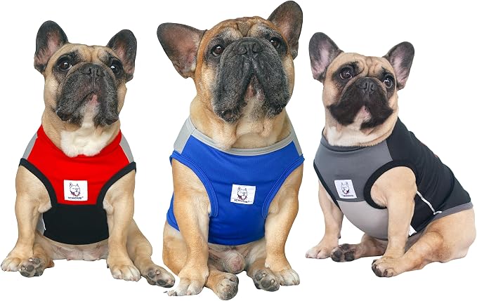 iChoue 3pcs French Bulldog Summer Cooling Shirt for Dogs UV Sun Protection Vest Sleeveless Breathable Tank Top English Pug Black Blue Red Grey- Medium