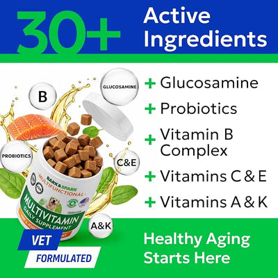 BARK&SPARK Dog Multivitamin Chews Glucosamine Chondroitin with Omega 3, Digestive Enzymes & Probiotics | Vitamins and Supplements for Dogs Pet Skin & Coat & Joint & Gut Health Support - 240ct