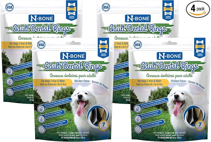 N-Bone Adult Dental Rings Chicken Flavor Dog Treats, 7 Count 9.8-oz Bag, Brown, 1 Count (Pack of 4)