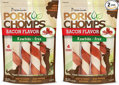Pork Chomps Baked Pork Skin Dog Chews, 6-inch Twists, Bacon Flavor Wrap, 4 Count (Pack of 2)