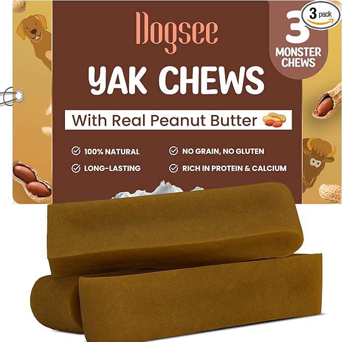 Dogsee Himalayan Yak Chews with Peanut Butter (Monster- 3 Chews) 60% Protein, Support Muscle Growth in Dogs Fight Plaque & Tartar Dog Treats Healthy Dog Chews for Teeth Cleaning