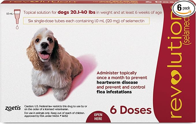 Revolution (selamectin) Topical Solution for Dogs, 20.1-40 lbs (Red), 6 Tubes
