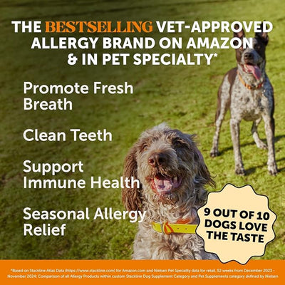 Dog Allergy Relief Dental Sticks - Seasonal Allergies + Itchy Skin Support Chews - Plaque and Tartar Remover for Dogs Teeth Cleaning Treats with Colostrum + Omega 3 - Pumpkin Peanut Butter (30 Ct)