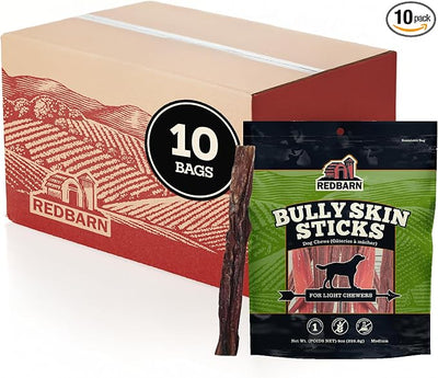 Redbarn Bully Skin Sticks 10-Pack 100% Natural Single-Ingredient Beef Pizzle Dog Chews Long Lasting Rawhide-Free Dental Wellness Treats for Small Medium Large Dogs 8 oz Case