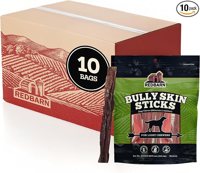 Redbarn Bully Skin Sticks 10-Pack 100% Natural Single-Ingredient Beef Pizzle Dog Chews Long Lasting Rawhide-Free Dental Wellness Treats for Small Medium Large Dogs 8 oz Case