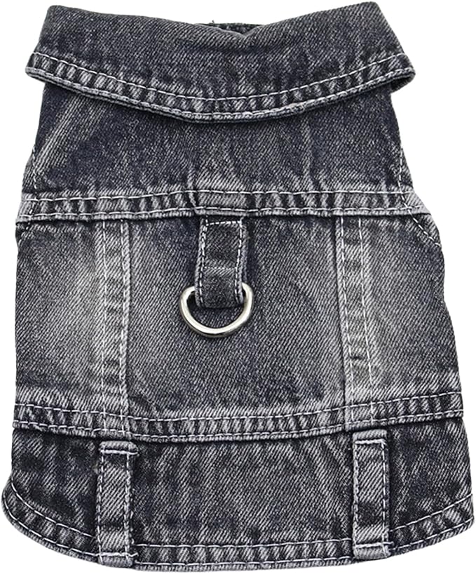 Puppy Clothes for Small Dogs Boy,Classic Western Denim Dog Coat,Dog Jeans Jacket with Leash D-Ring,Pet Cat Costumes,Cooling Harness Vest for Walking (Black, Medium)