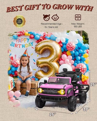 First Ride On 12V Electric Ride on Toys for Toddler, Ford Bronco Raptor Kids Ride on Car with Remote Control, 12 Volt Battery Powered Cars for Children with Smooth Start, Bluetooth (12V, Pink)