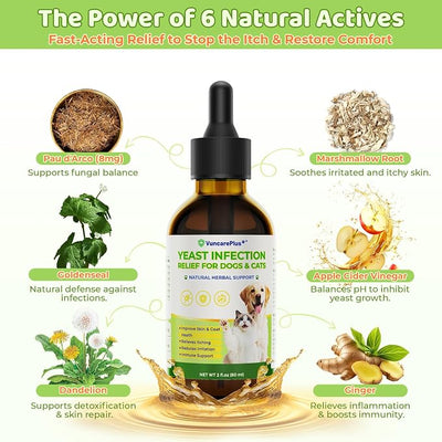 Natural Yeast Relief Drops for Dogs & Cats – 2 fl oz Herbal Ear & Skin Support for Itching, Paw Licking, Hot Spots & Odor Control – Apple Cider Vinegar & Goldenseal – Chicken Flavor Liquid Drops