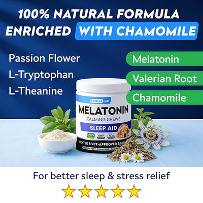 STRELLALAB Melatonin for Dogs to Sleep 6mg - Doggie Sleep Aid Treats - Sleeping Pills for Anxiety - Extra Strength Calming Chews Large & Small Breed Help Sleep at Night - Made in USA - 60Ct
