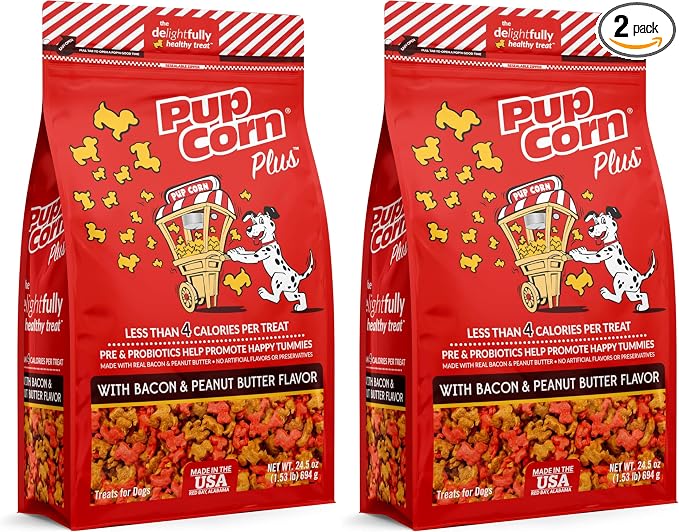 Pup Corn Plus - Puffed Dog Treats with Prebiotics and Probiotics - Bacon & Peanut Butter (24oz) - Made in USA (Pack of 2)