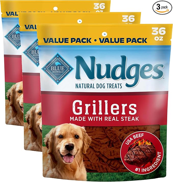 Blue Buffalo Nudges Grillers Natural Dog Treats with Real USA Beef, Made in the USA, Steak, 36-oz Bag (Pack of 3)