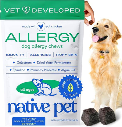 Native Pet Dog Allergy Chews - Dog Allergy Relief for Medium Breeds - Supports Seasonal Itch Relief, Healthy Immune Function & Reduces Sneezing - Colostrum, Spirulina, & Probiotics - 90 Days Supply