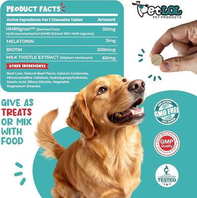 HMR Lignan + Melatonin + Biotin + Milk Thistle for Dogs | 4-in-1 Formula | Adrenal Support & Normal Cortisol Levels | Skin, Coat, & Digestive Health | 90 Chewable Tablets | Natural Beef Flavor