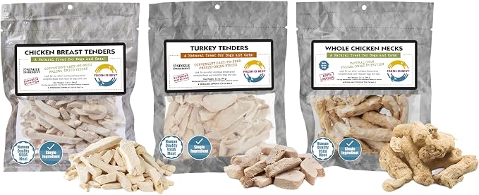 Fresh Is Best Raw Freeze Dried Treats for Dogs & Cats – Chicken Breast, Turkey Tenders, and Chicken Necks Freeze Dried Dog Treats Bundle – Single Ingredient Dog Treat in Resealable Bag – Made in USA