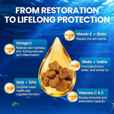 TTLXBL Omega 3 Skin and Coat Supplement for Dogs 200 Chews Dog Fish Oil Supplements with EPA & DHA Fatty Acids Dry Skin Relief for Dogs Shedding Allergy Itching Promotes Heart Hip Joint(Peanut Butter)
