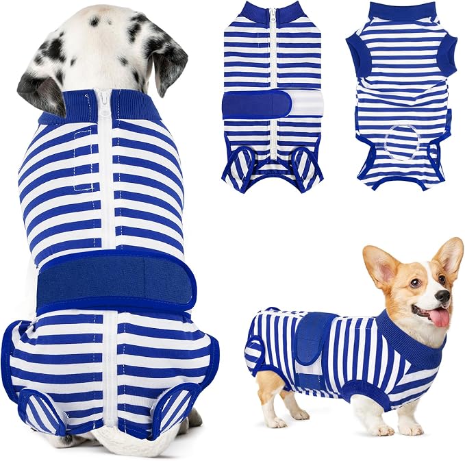 Lukovee Recovery Suit for Dogs, Zipper On Recovery Suit for Female Male Dog, Onesie Abdominal Wounds Cone E-Collar Alternative Prevent Licking Spay Recovery Suit (M, BL)