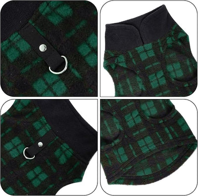 Rbenxia 1 PC Plaid Dog Sweaters with Leash Ring Soft Fleece Vest Dogs Pullover Warm Jacket Pet Dogs Clothes Winter Dog Outfits for Small Puppy Cat Pets (Green and Black, Medium)
