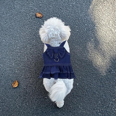 1 Pcs Cute Dog Dress Puppy Clothes with Bownot for Female Girl Small Dogs Outfits Harness for Outdoor Walking Birthday Party Denim Skirt S