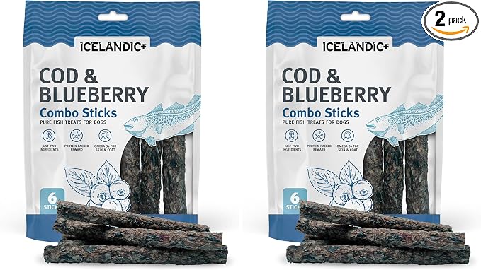 Icelandic+ Combo Sticks: Cod & Blueberry - 2oz - Dog Treats, Crunchy 2 Ingredient Pet Snacks, Preservative Free, Wild Caught Fish, Slow Baked, Natural (Pack of 2)