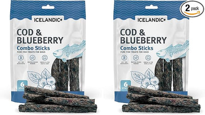 Icelandic+ Combo Sticks: Cod & Blueberry - 2oz - Dog Treats, Crunchy 2 Ingredient Pet Snacks, Preservative Free, Wild Caught Fish, Slow Baked, Natural (Pack of 2)