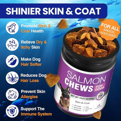 TTLXBL Omega 3 Skin and Coat Supplement for Dogs 200 Chews Dog Fish Oil Supplements with EPA & DHA Fatty Acids Dry Skin Relief for Dogs Shedding Allergy Itching Promotes Heart Hip Joint(Peanut Butter)