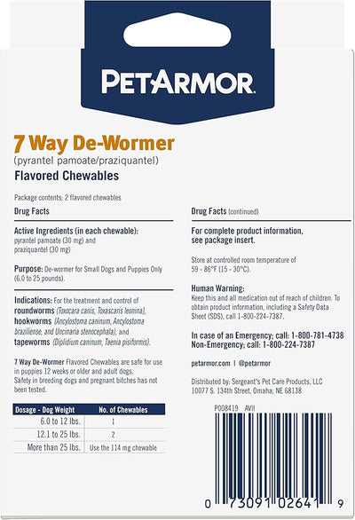 PetArmor 7 Way De-Wormer for Dogs, Oral Treatment for Tapeworm, Roundworm & Hookworm, Small Dog Dewormer (6-25 lbs) with Praziquantel & Pyrantel Pamoate, 6 Flavored Chewables