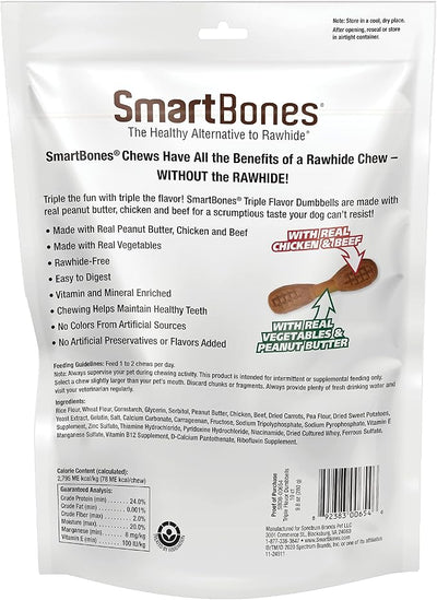 SmartBones Triple Flavor Dumbbells, 10 Count, Rawhide-Free Chews for Dogs, Made with Real Peanut Butter, Chicken and Beef