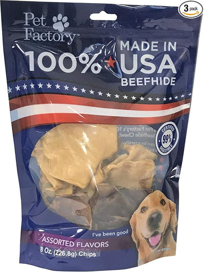 Pet Factory 100% Made in USA Beefhide Chips Dog Chew Treats - Beef & Chicken Flavor, 8 oz