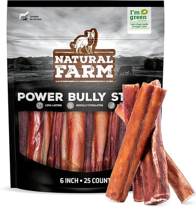 Natural Farm Power Bully Sticks Dog Chews (6”, 25-Pack), 2-in-1 Power Chews: Premium Beef Cheek Wrapped in Beef Pizzle, Long-Lasting, Great Dog Dental Treats for Small, Medium & Large Dogs