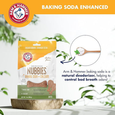 Arm & Hammer for Pets Nubbies Dental Treats Baking Soda Calcium Nubbed Texture Helps Scrub Plaque Tartar Chicken Flavor Daily Oral Care 20 Count 7 OZ Single Bag Daily Home Dental Care Bag