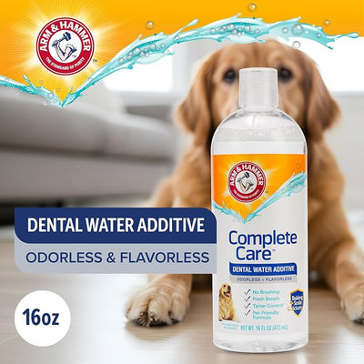 Arm & Hammer Complete Care Dog Dental Water Additive, Odorless Flavorless Daily Oral Care Solution with Baking Soda and Calcium for Plaque, Tartar, and Fresh Breath, 16 Fl Oz