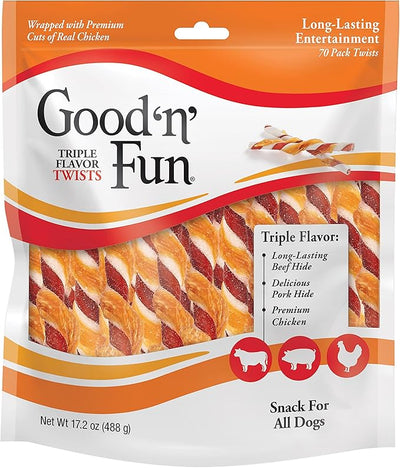 Good 'n' Fun Twists Long-Lasting Dog Treat, With Real Proteins, Beef Hide and Premium Chicken, Supports Dental Health, Mental Stimulation, 70 count
