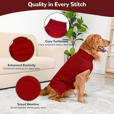 Dog Sweater 2 Pack for Large Dogs, Size XXL, Red & Green | Stretchy cable knit turtleneck, machine washable, high belly cut, comfy winter fit for Golden Retriever, Labrador
