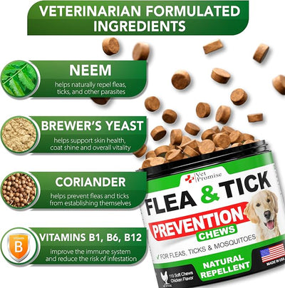Flea and Tick Prevention for Dogs Chews - Natural Dog Flea and & Tick Control - Advanced Oral Pills Supplement Treatment for All Breeds & Size - Vet Formulated - Soft Chewables - Made in USA