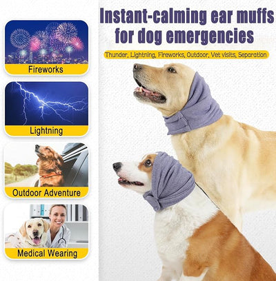 Meifsou Quiet Ears for Dogs - Adjustable Ear Covers for Noise, No Shake Dog Head Wrap, Dog Calming Hood for Thunder, Lightning, Fireworks, Vet Visits, Polyester and Stretch Cotton Blend, Purple M