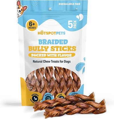 Braided Bully Sticks for Dogs - 6 Inch (5 Pack) - Rawhide Free | All Natural Long Lasting, Low Odor, Twisted Beef Pizzle Dog Chew Treats - Grain Free Fully Digestible