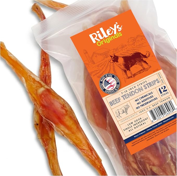 Riley's Beef Tendon Strips - Single Ingredient & Low Odor Beef Tendons for Dogs - Tendon Chews for Dogs Promotes Dental Health - All Natural Dog Treat for Small & Medium Breeds (7-10 inch, 12 Sticks)