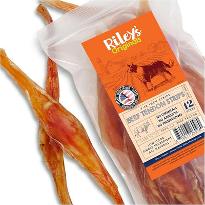 Riley's Beef Tendon Strips - Single Ingredient & Low Odor Beef Tendons for Dogs - Tendon Chews for Dogs Promotes Dental Health - All Natural Dog Treat for Small & Medium Breeds (7-10 inch, 12 Sticks)