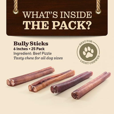 Odor-Free Standard Bully Sticks (6", 25 Pack) – 100% Grass-Fed Beef Pizzle Dog Chews, Fully Digestible & Long-Lasting Dental Treats