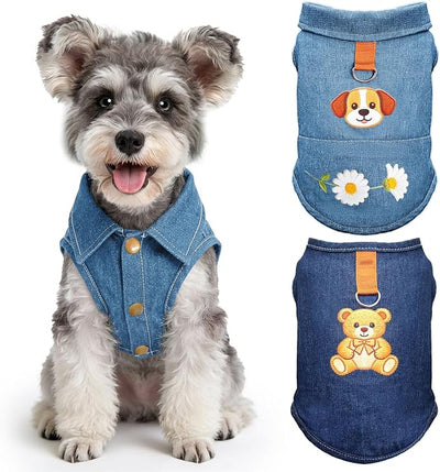 2 Pack Dog Tshirts for Small Dogs, Soft Breathable Denim Dog Vest with D-Ring & Cute Bear Daisy Print Dog Shirts for Small Dogs Girl Boy, Puppy Clothes Outfits for Chihuahua Yorkie Shih Tzu