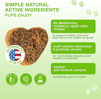 Green Lawn Chews for Dogs - Natural Dog Urine Neutralizer for Lawn with Cranberry, Probiotics, ACV & Digestive Enzymes - 120 Chews for Healthy Bladder, Urinary Tract - Grass Burn, Yellow Spots Treats